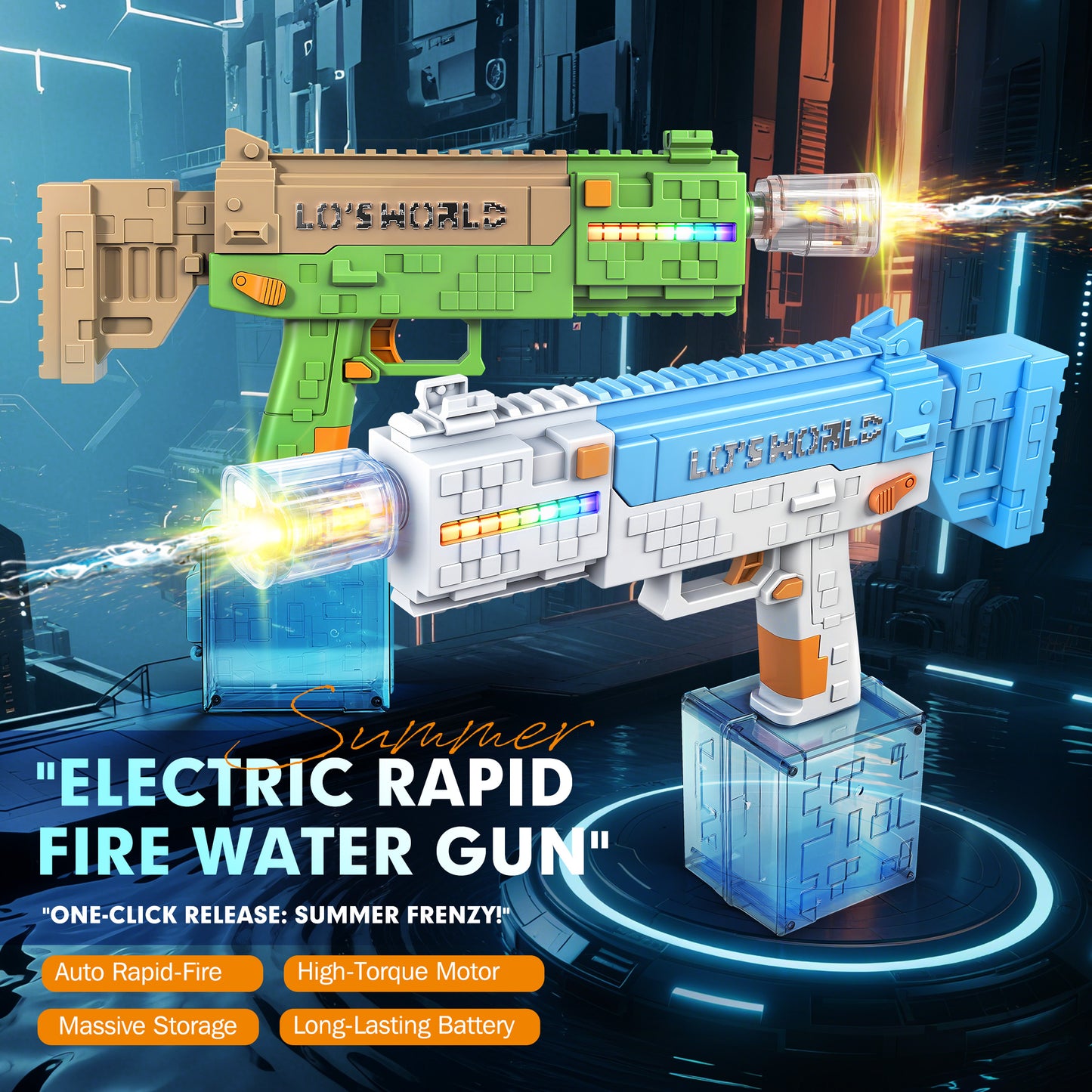 Pixel water gun, 3D toy water gun, high range, modular, easy to assemble, high playability