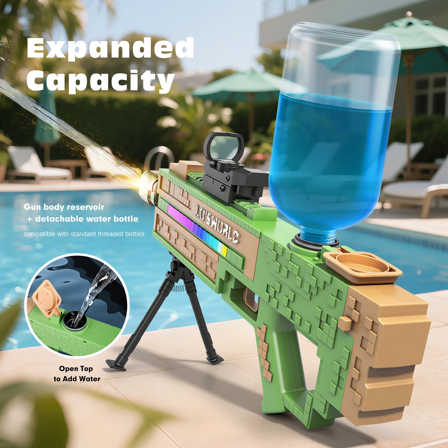 Pixel water gun, 3D toy water gun, high range, modular, easy to assemble, high playability