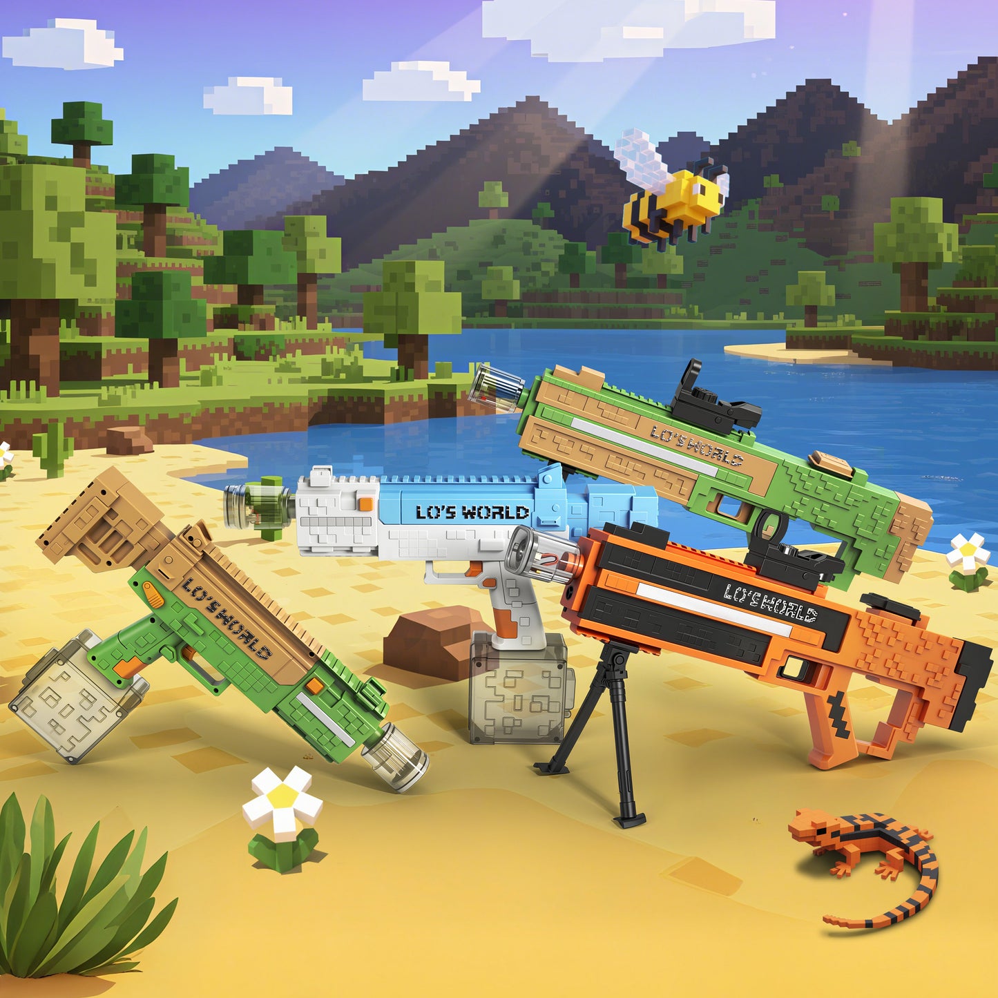 Pixel water gun, 3D toy water gun, high range, modular, easy to assemble, high playability