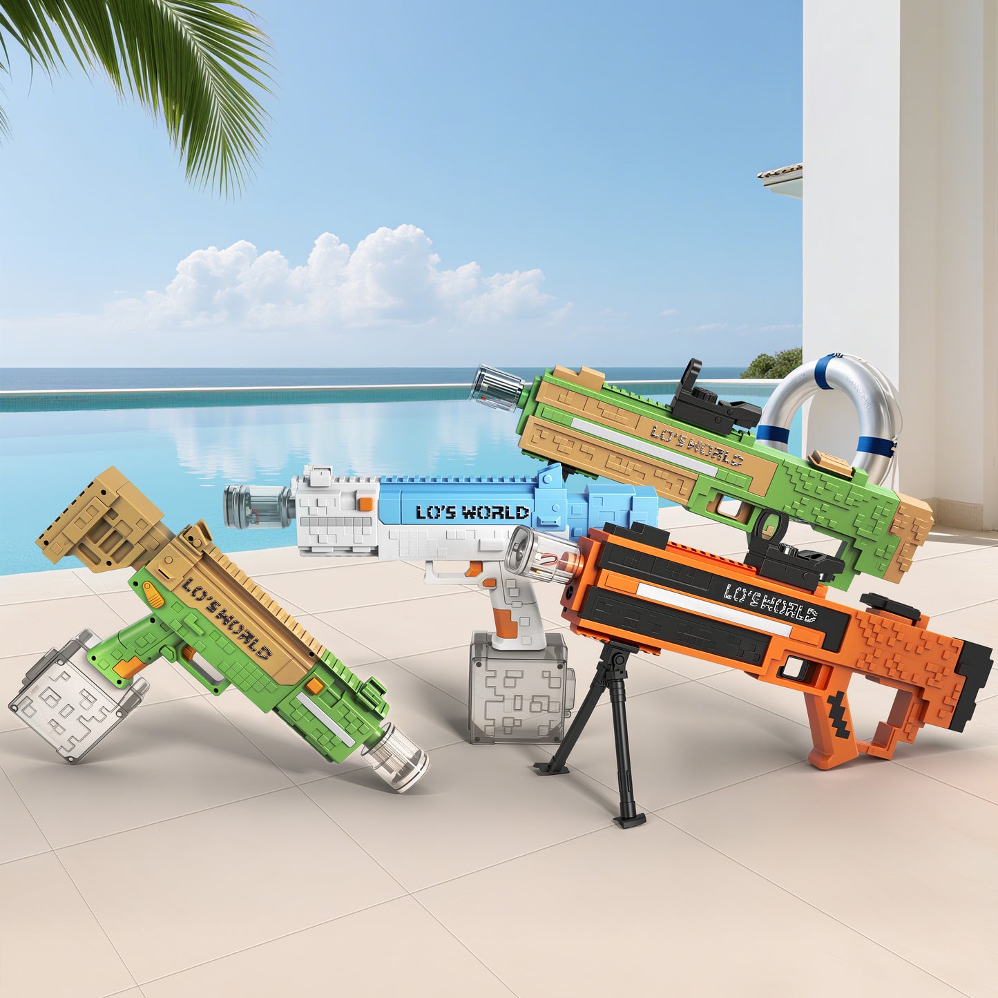 Pixel water gun, 3D toy water gun, high range, modular, easy to assemble, high playability